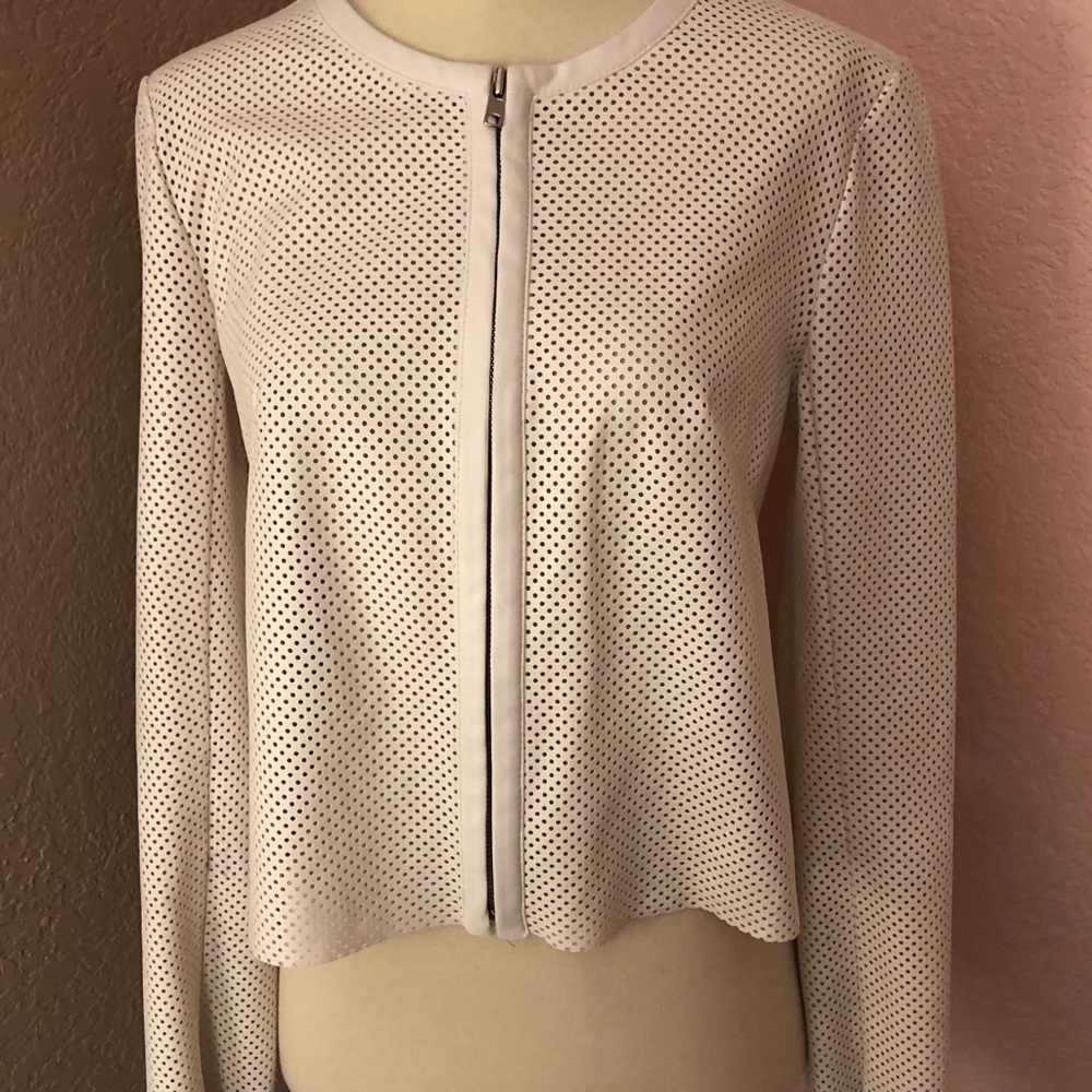 Bailey44 white cropped zip up crew neck jacket top with mesh-like front